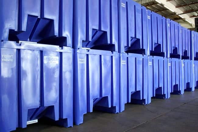 Cyclone Plastic Hopper Bins, Stacked And Ready To Ship